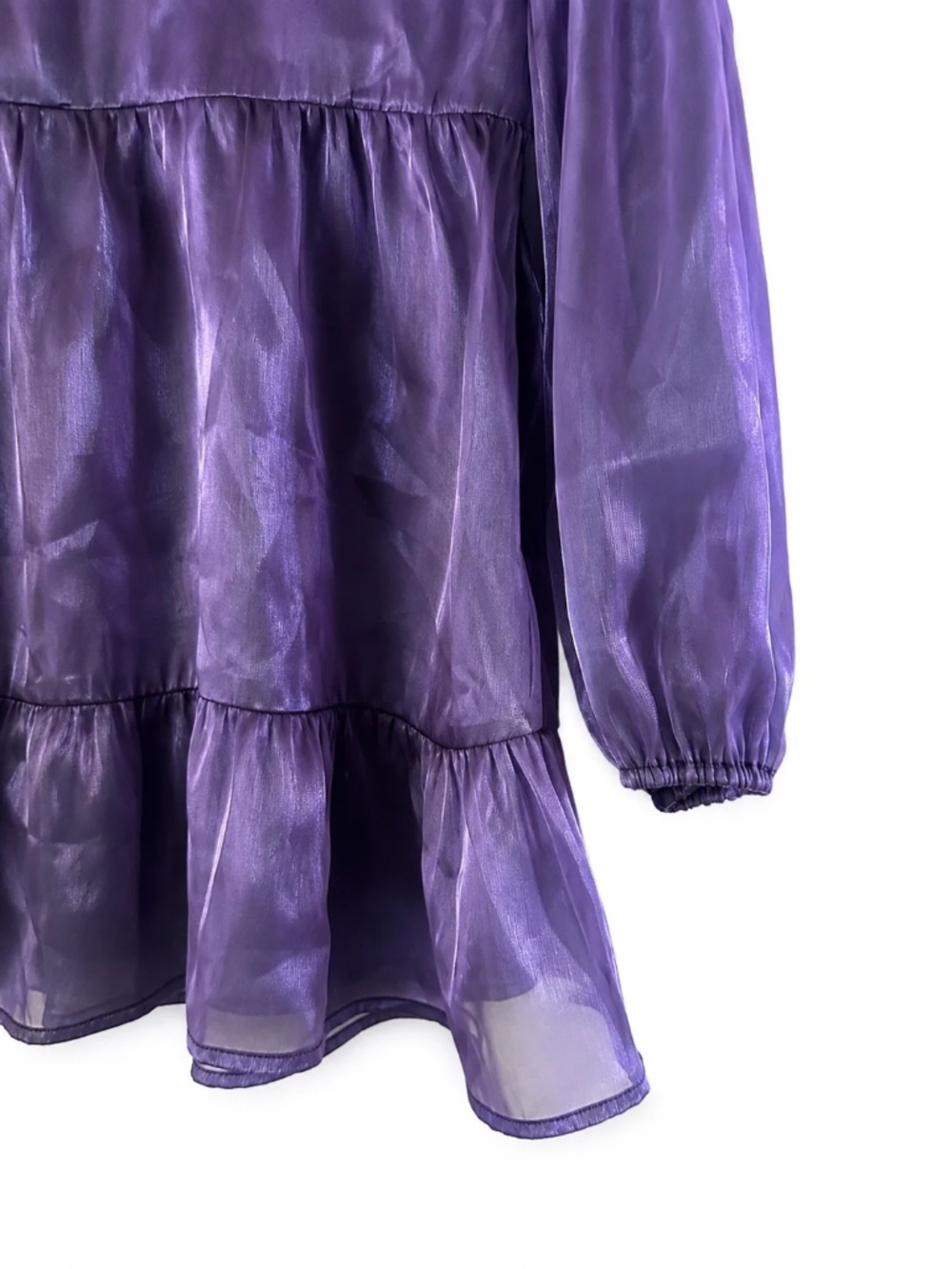 Cider Purple Organza Babydoll Mini Dress | Sheer Long Sleeve Tiered A-Line Dress - Picture 3 of 4
